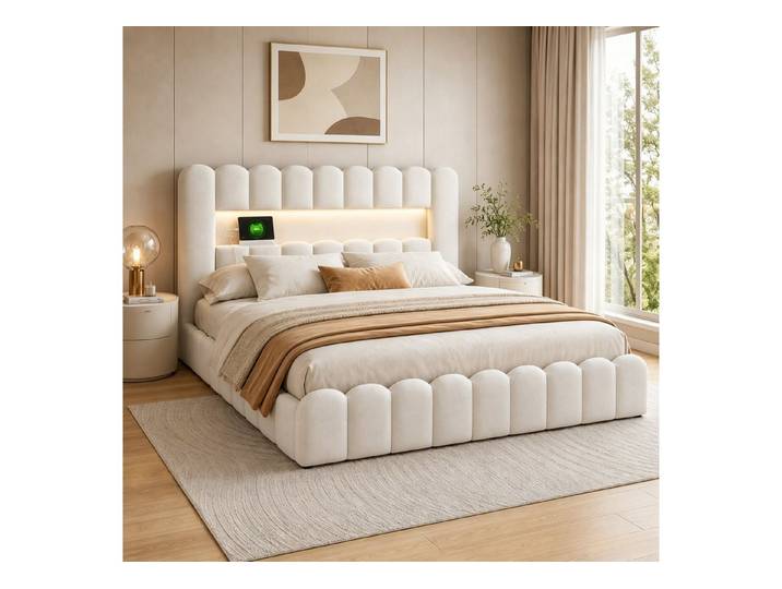 Simurq Polsterbett 140x200cm LED Stauraumbett Doppelbett mit hydraulischer Bettkasten (Packung, 1-tlg., Niedriges Polsterbett, Type-C + USB, Linen), Bodennahes Bett mit Stauraum