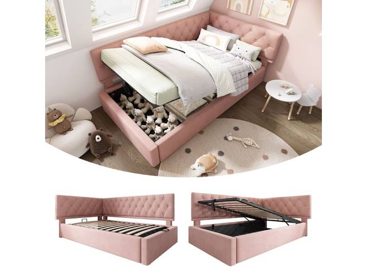 Lit de jour capitonné - 90 x 190 cm - Velours rose - Rangement hydraulique - Cadre métal
