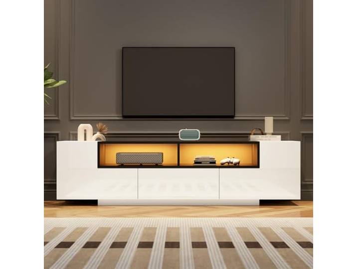 FammyLoft 180cm Hochglanz TV Schrank mit L-Form und Schubladen, TV Lowboard für 70-Zoll-Fernseher, Fernseher Schrank mit LED-Licht für Wohnzimmer, TV-Board, TV-Ständer, Weiß+Schwarz
