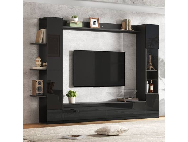 Meuble TV pour salon vitrine à portes battantes (lot de 4) meuble TV avec rangements noir