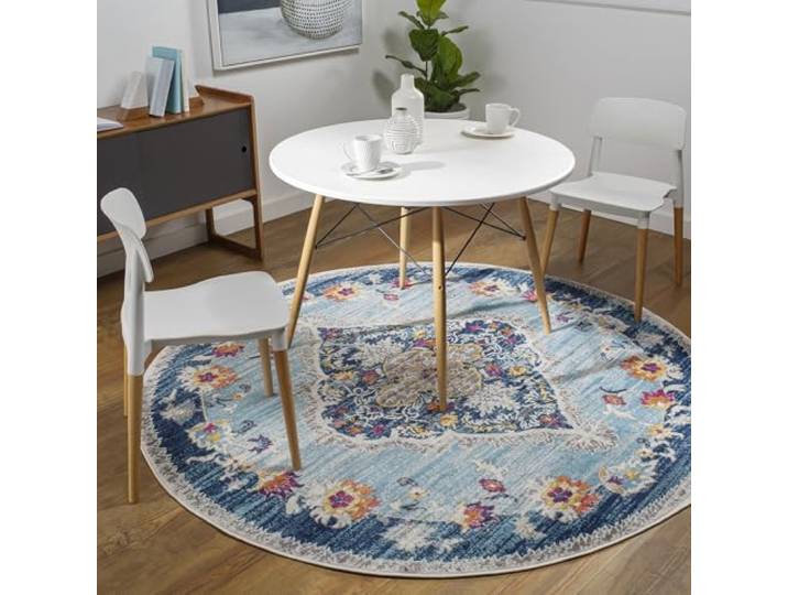 Livabliss Romy Palma Vintage Teppich 160x160 cm – Blau, Fuchsie, Gelb
