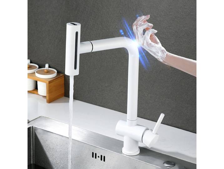 Robinet de cuisine à évier avec douchette extractible, robinet de cuisine à eau chaude et froide, mitigeur de robinet de cuisine à capteur tactile blanc