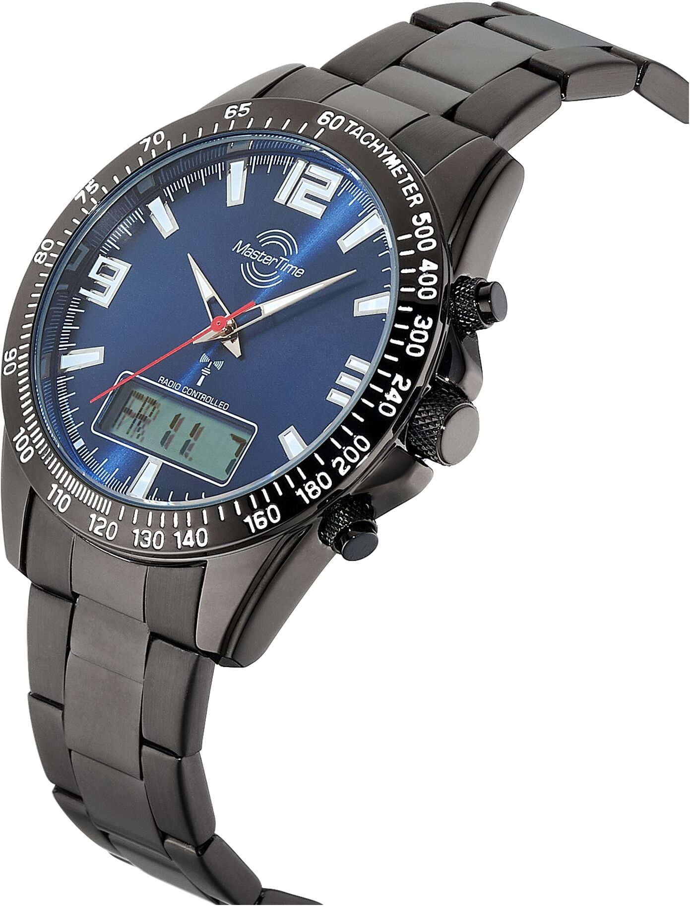 Funkchronograph MASTER TIME "Sporty", schwarz (schwarz, blau, blau), Armbanduhren, Herren, schwarz, Funkchronograph, Quarzuhr, Armbanduhr, Herrenuhr, Edelstahlarmband, analog, digital