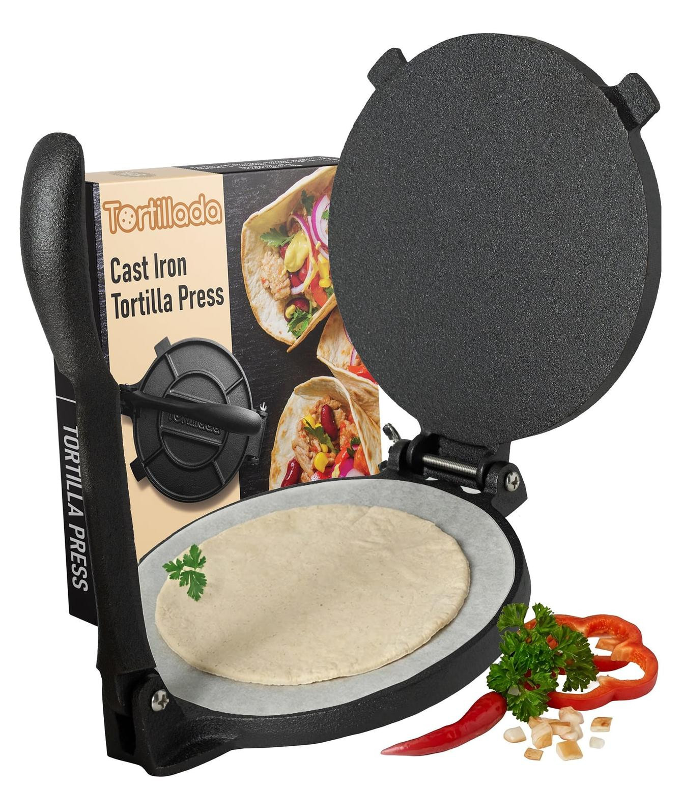 Merkloze gietijzeren tortillapers van 16 cm