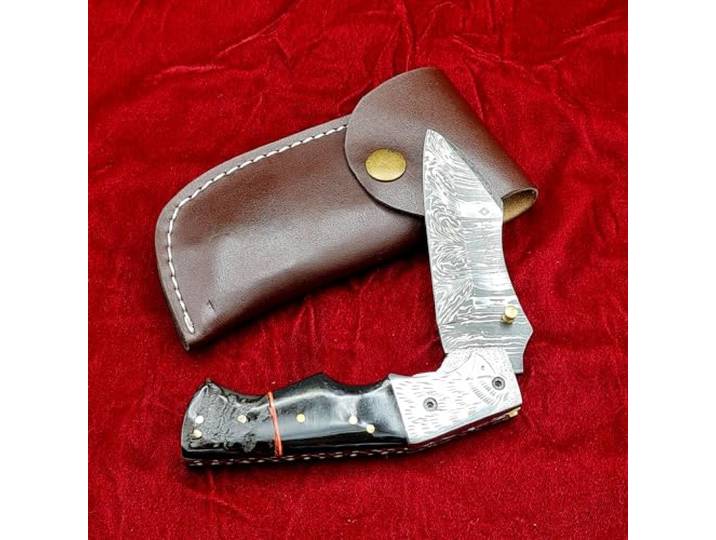 CRAFTOMATIK Adler Damast Stahl Taschenmesser Klappmesser Gravierte Edelstahl, Büffelhorn, Widderhorn, Messing Stiften Griff Handgefertigt Outdoor Damastmesser Camping Messer FK57
