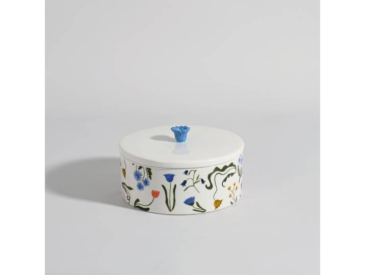 Dekorative Dose aus weißem Steingut mit mehrfarbigen Blumenmotiven, H 11 cm