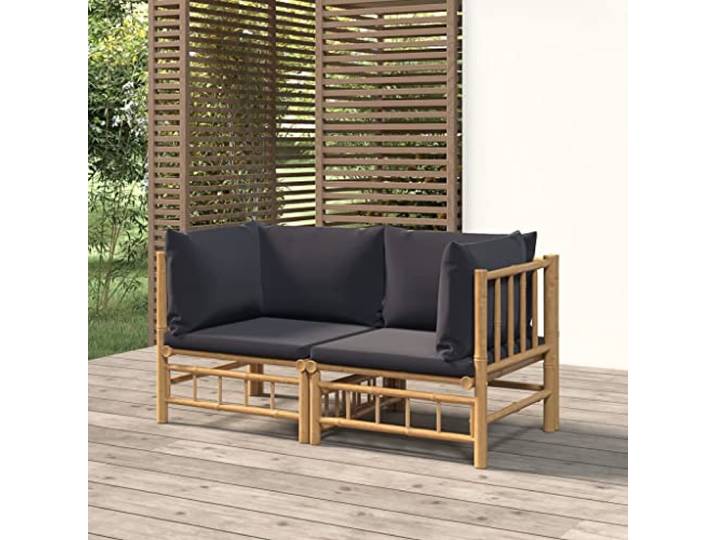 Bambou durable avec coussins moelleux jardin modulable Brun 2 pièces Canapé d'angle de jardin en bambou avec coussins gris foncé 2 pièces, ensemble modulable pour terrasse, salon extérieur