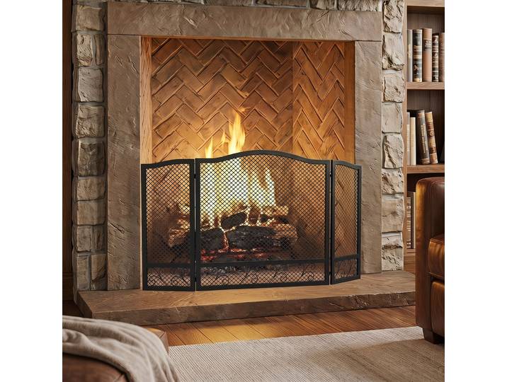 HOMCOM Pare-Feu Cheminée 3 Panneaux Métal Noir 107x60cm