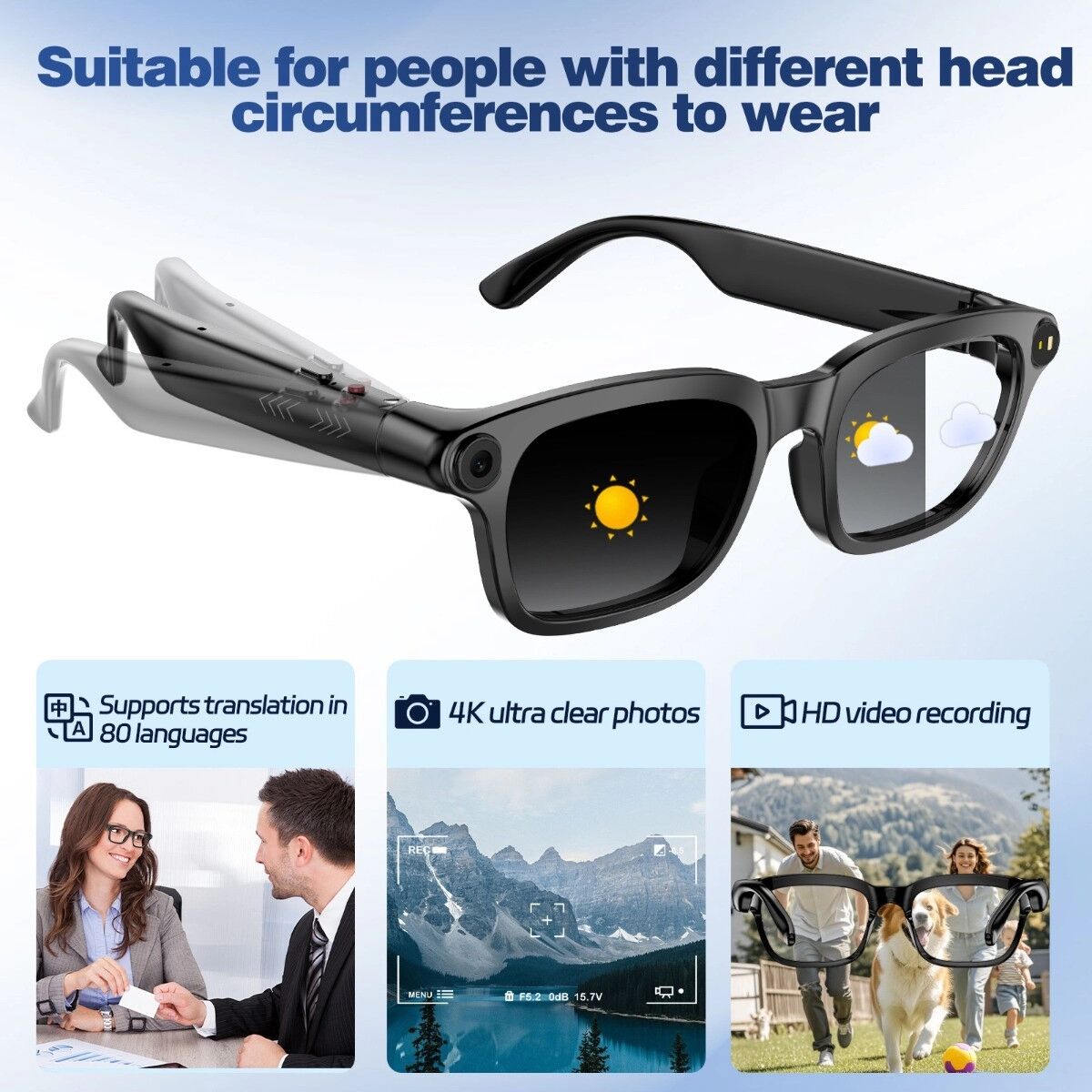 INF KI-Smart-Brille mit photochromen Gläsern, 2GB Version — 8MP Kamera, Bluetooth 5.4, Touch-Steuerung