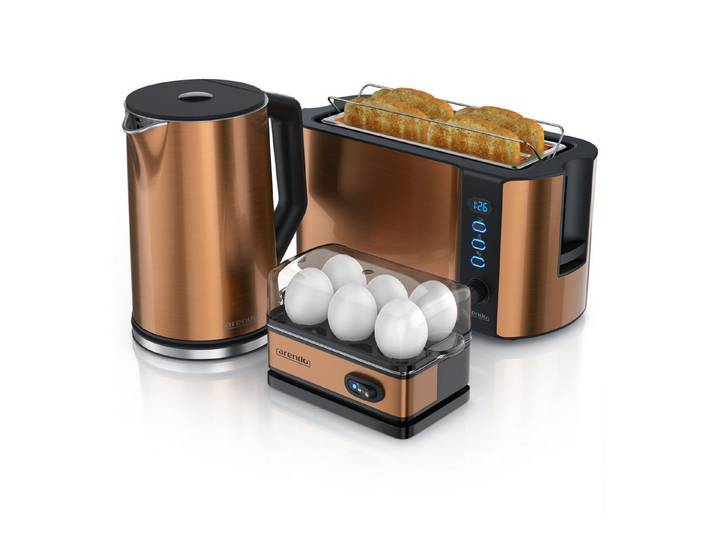 Arendo Frühstücks-Set Wasserkocher 1,5l, 4-Scheiben Toaster, 6er Eierkocher, Kupfer (3-tlg), Edelstahl, BPA-frei, GS-geprüfte Sicherheit, fürs Familienfrühstück
