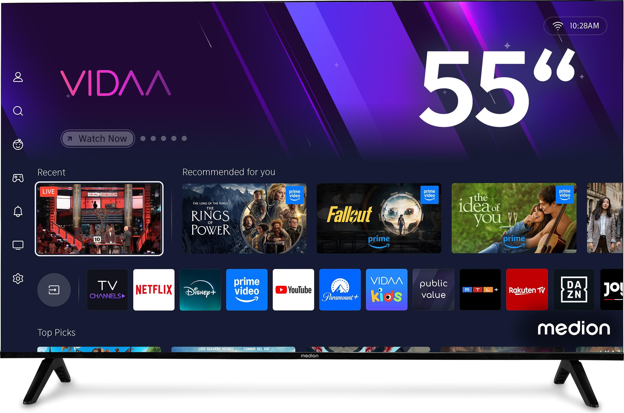 MEDION 138,8 cm (55 Zoll) Ultra HD Fernseher (Smart-TV, 4K, HDR10, VIDAA Store, HBO Max, MagentaTV, Prime Video, Disney+, DAZN, Paramount+, HbbTV, PVR, Bluetooth, MD 855301)