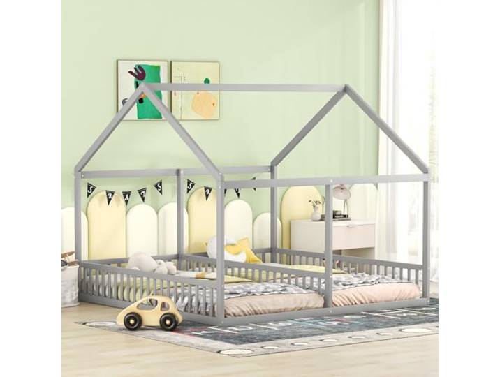 FAVSH Hausbett 90x200 cm, 2-in-1 Bodenbett mit Rausfallschutz und Lattenrost, Hausbett Holz Geschwister Bett für Mädchen & Jungen, Flachbett, Ohne Matratze, Grau