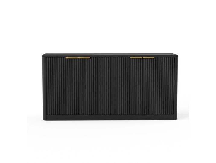 Buffet bas 4 portes - meuble de rangement 150 cm noir a facade ondulee - MDF