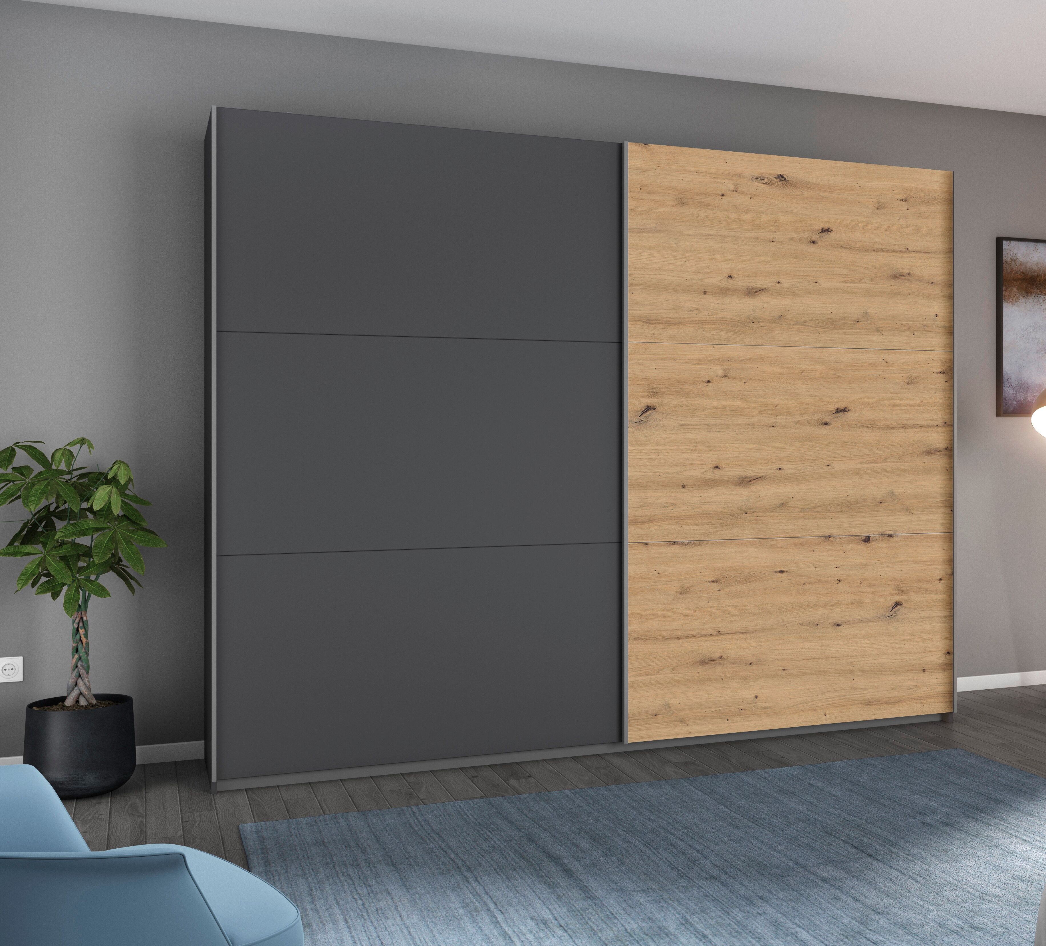 Schwebetürenschrank RAUCH "AURELIO Kleiderschrank Garderobe", grau (graumetallic, eiche artisan), B:261cm H:210cm T:59cm, Holzwerkstoff, Schränke, Schwebetürenschrank, 3 verschiedene Ausstattungsvarianten Griffe aus Metall MADE IN GERMANY graumetallic, ei