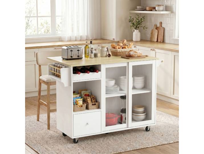 HOMCOM Îlot Cuisine Rabattable Roulettes Verre Range-bouteilles Tiroir
