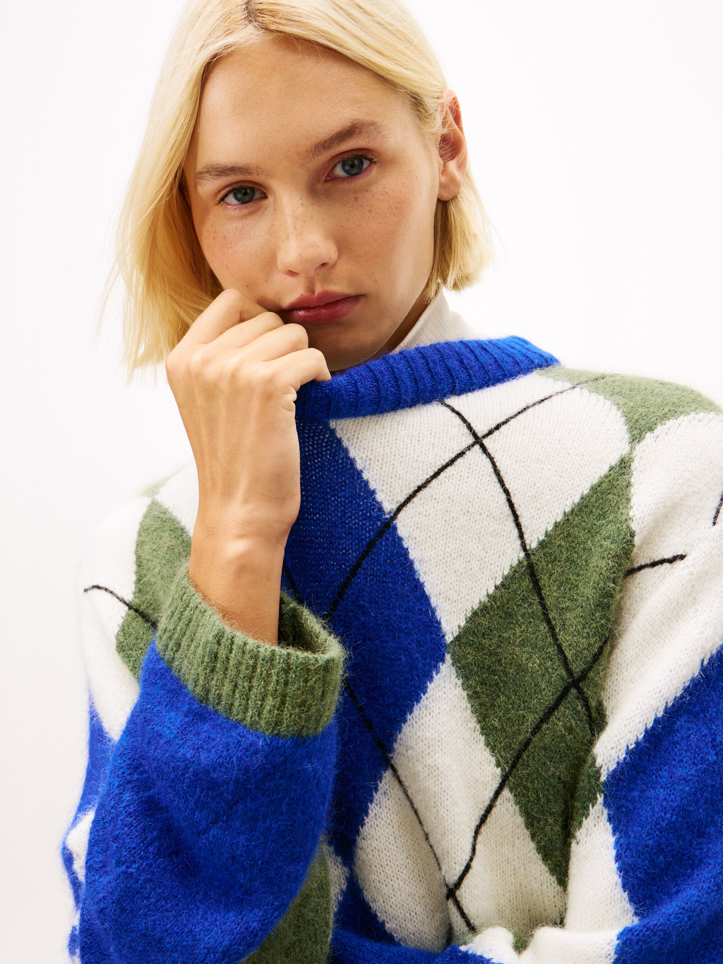 Strickpullover TOMMY HILFIGER "ALPACA BLEND ARGYLE C-NK LS SWT", Damen, Gr. XS, bunt (argyle cobalt, deep evergrün), Strick, Obermaterial: 50% Alpaka, 50% Nylon, kariert, regular fit, Rundhals, Rippbündchen, Pullover Strickpullover argyle cobalt, deep eve