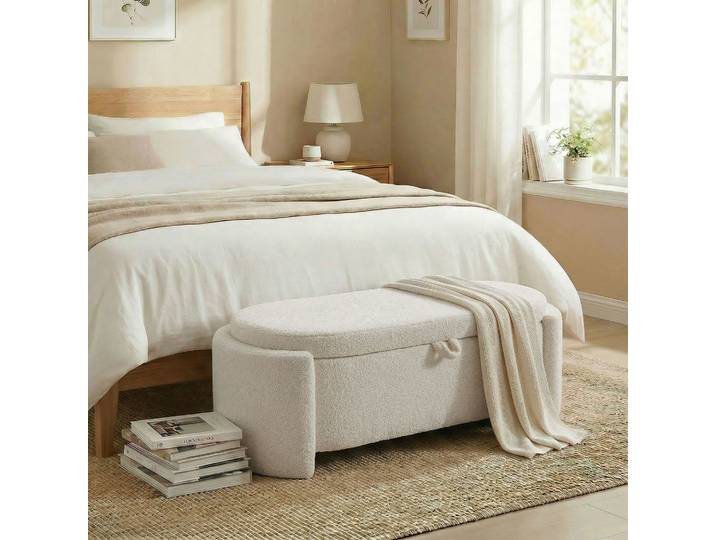 HOMCOM Banc Rangement Ovale Polaire Crème 129x48,5x44cm