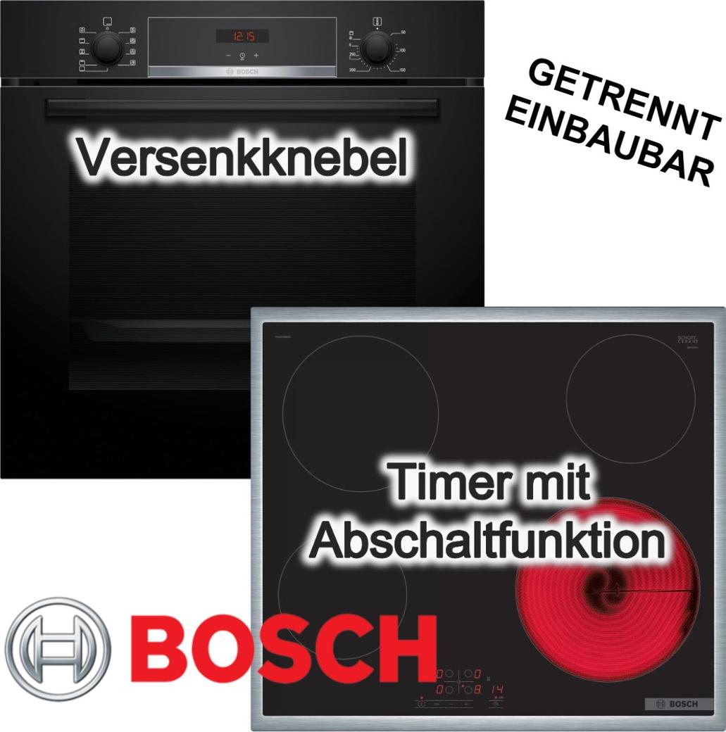 BOSCH Herdset 3D Heißluft Versenkknebel Hydrolytische Reinigung + Glaskeramik Kochfeld mit Edelstahlrahmen Touch