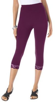 Plus Size Women's Lace Trim Essential Stretch Capri Legging by Roaman's in Dark Berry (Size 6X) Activewear Workout Yoga Pants