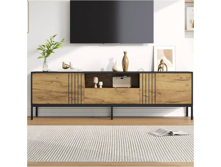 Meuble TV bas - SENVIRO lignes contemporaines rangement discret 170x35x50cm chene
