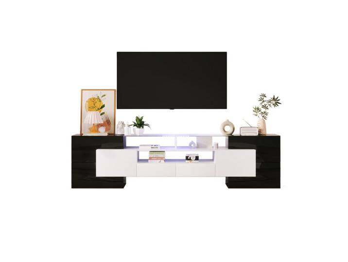 Modenvie Lowboard 200/35/60 cm aus Holzwerkstoff mit LED-Beleuchtung Schwarz/Weiß, 200x60x35 cm, Wohnzimmer, TV Möbel, Lowboards, Lowboards stehend