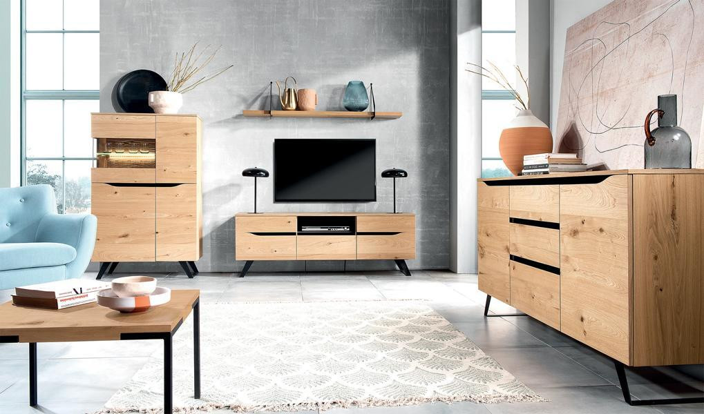 Modern houten woonkamer set met TV-lowboard en design wandmeubel, 4-delig