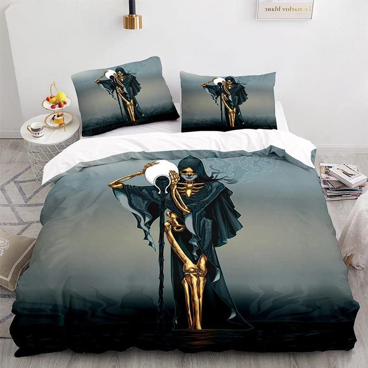 Dekbedovertrek Set met Schedelprint en Verborgen Ritssluiting - Goud - 135 x 200 cm