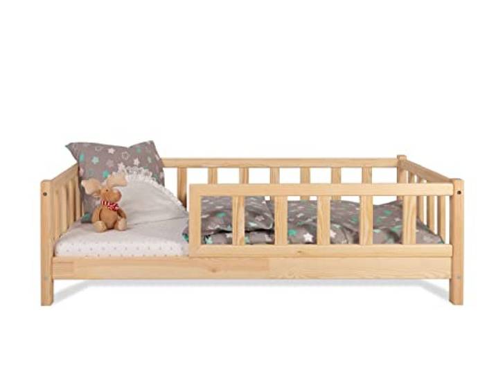 Kinderbett Bett mit Rausfallschutz 90x200cm Latternost Bettgestell aus Kiefer Holz für Haus Kinder Jungen & Mädchen - Holzbett Baby Kinderzimmer Junge Deko