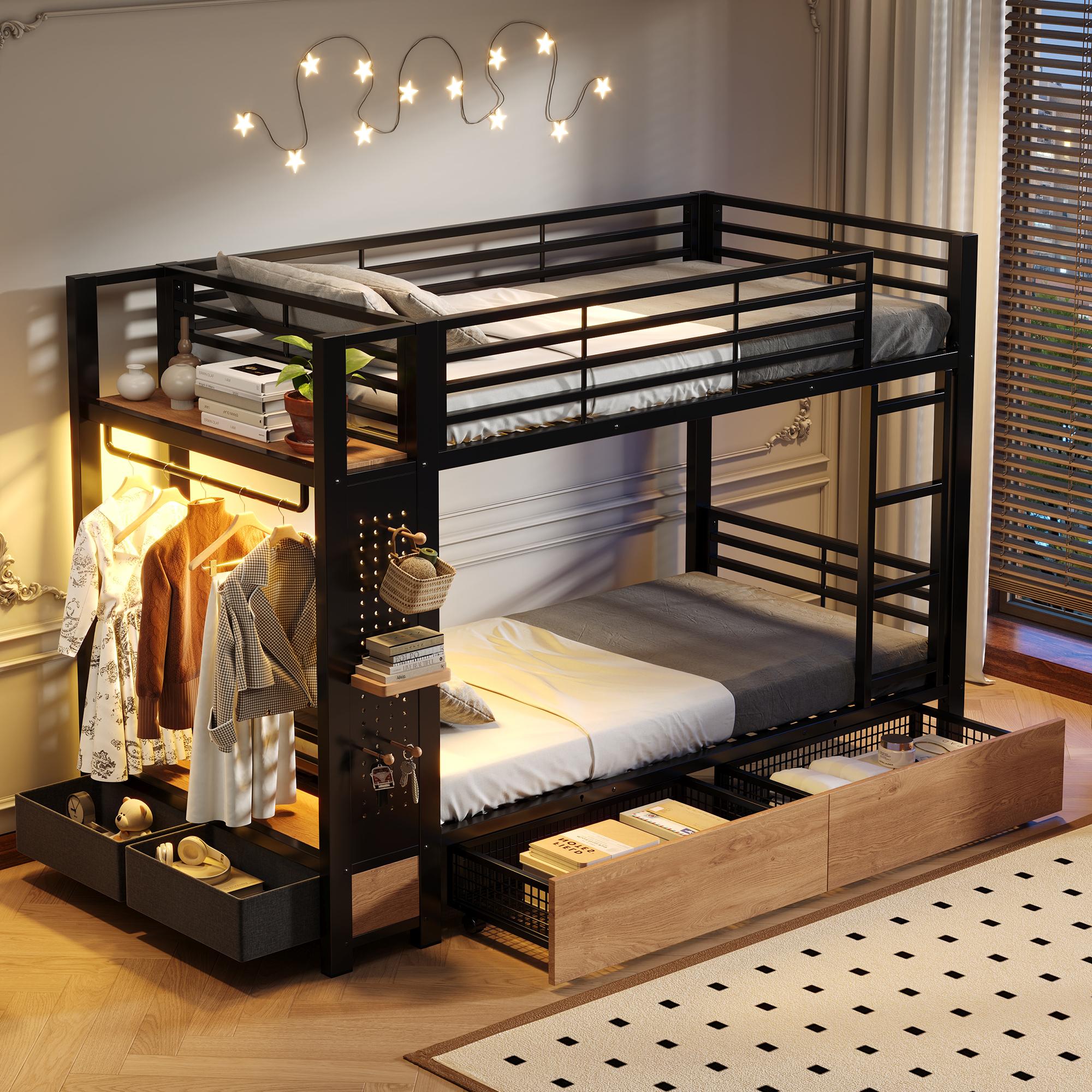 MODFU Etagenbett 90x200 kinder,Metall-Hochbett mit LED,Jugendbett Kinderbett mit 4 Schubladen und Kleiderstange, Doppelbett ohne Matratze,Schwarz