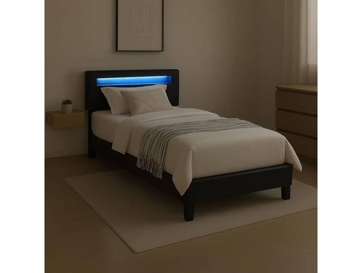 CARO-Möbel Polsterbett Benito 90x200 cm mit LED Beleuchtung, modernes Einzelbett mit verstellbarem Kopfteil, Jugendbett mit Bezug aus Lederimitat in schwarz