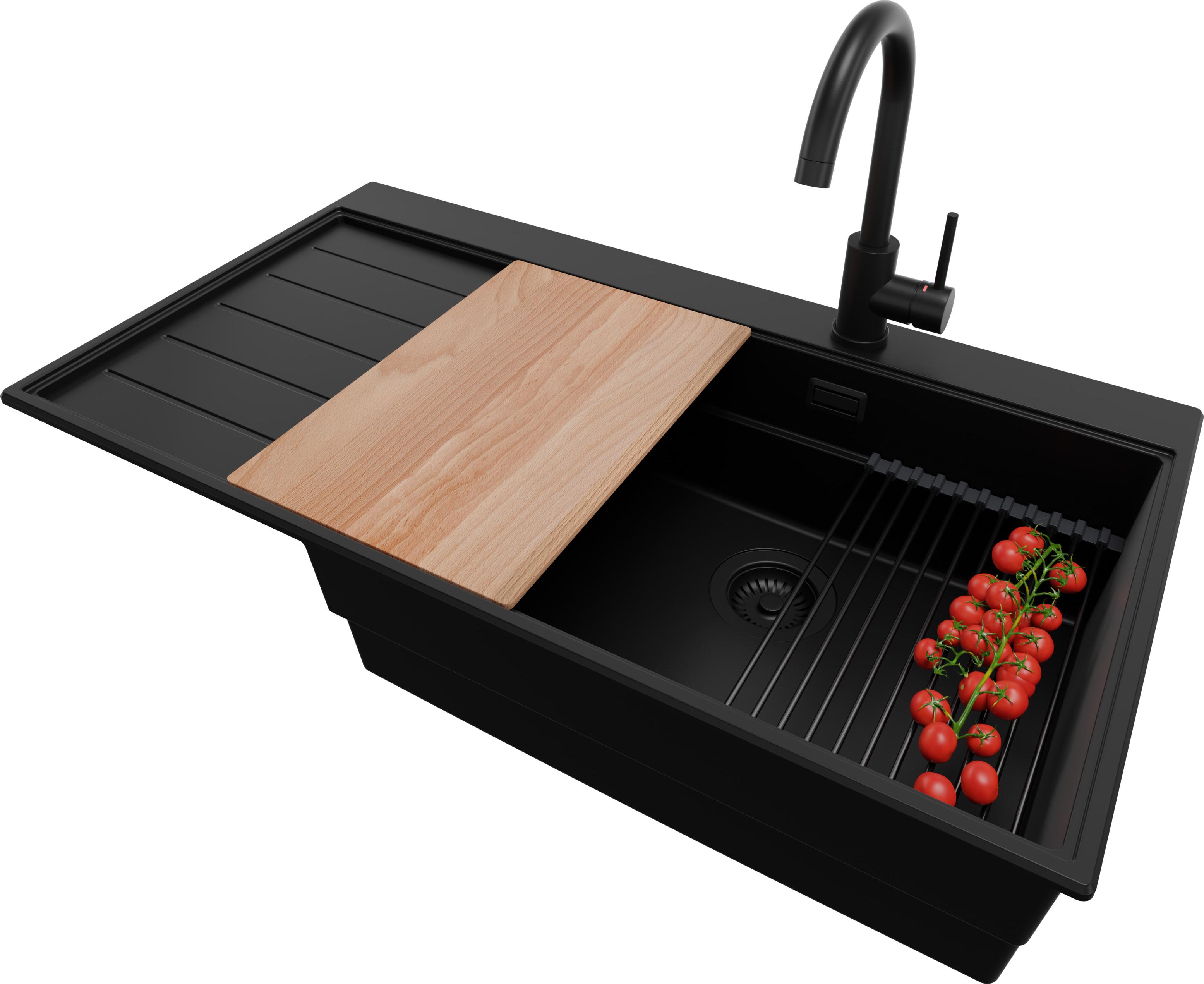 PRIMAGRAN Granitspüle Alles Schwarz 90x50cm, Spülbecken 1 Becken + Ablauf-Set + Küchenzubehörset, Küchenspüle ab 60er Unterschrank - Sydney