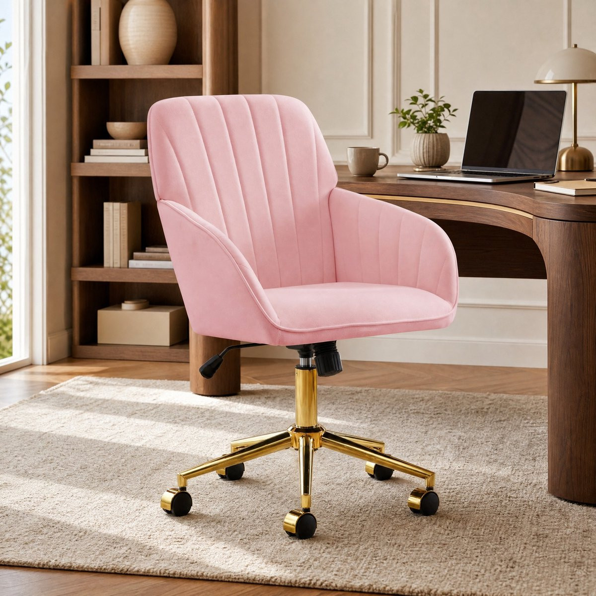Wishdor Bureaustoel met ergonomische rugleuning en armleuningen, fluweel roze, 96 x 60 cm