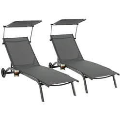 COSTWAY 2er‐Set Sonnenliegen, Gartenliegen mit Rollen, Dach, Getränkehalter & verstellbarer Rückenlehne, graue Terrassen‐Rollliegen
