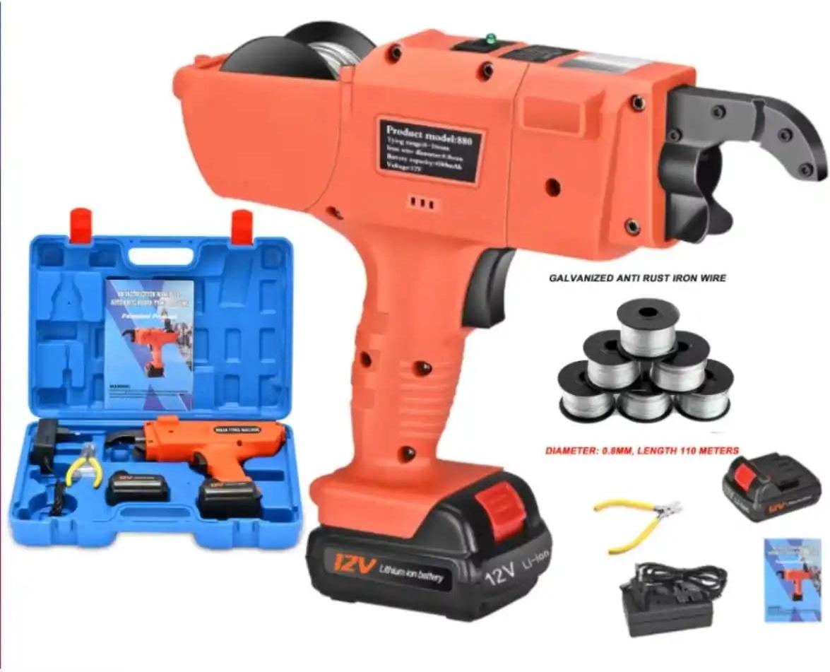 Automatischer Bewehrungsbinder - Elektrische Rebar Bindemaschine 8-34 mm - 12V 4500 mAh - Handgerät - Set mit 5 Drahtspulen und Akkus