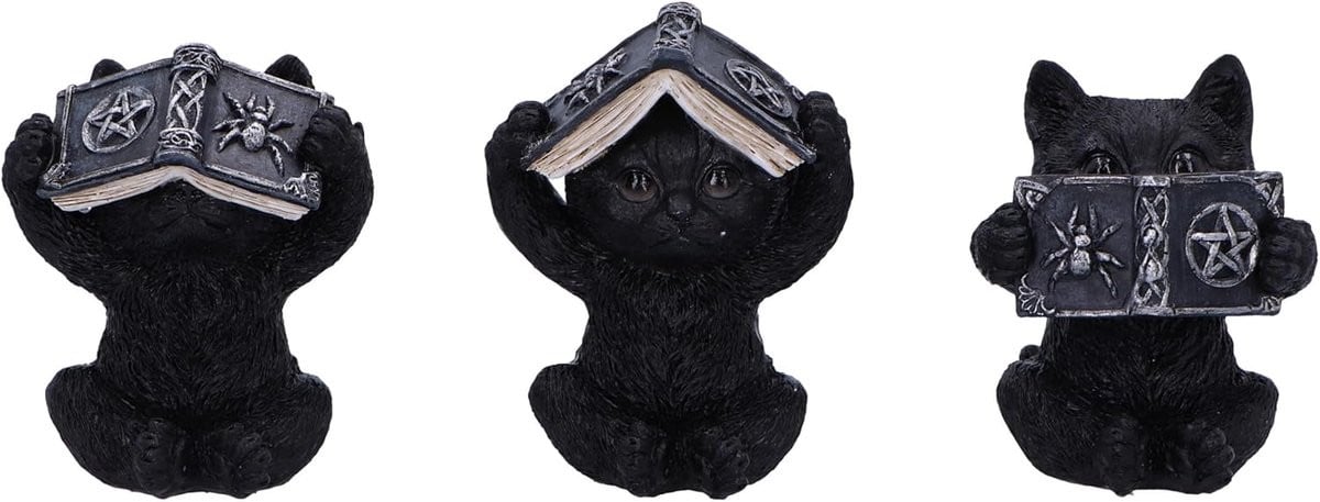 Set van 3 handgeschilderde magische katten beeldjes, zwart, Hoogte: 8,5 cm
