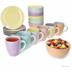 18tlg Frühstücksset Pastello Steingut Teller Becher pastell-Farben 6 Personen