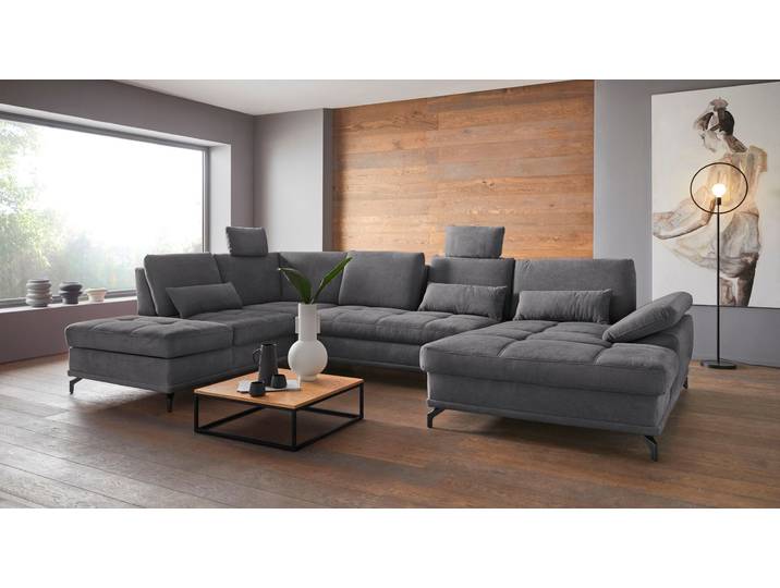 Wohnlandschaft, Grau, 363x223 cm, Polyester, Sitztiefenverstellung & 3 Nierenkissen, Modern