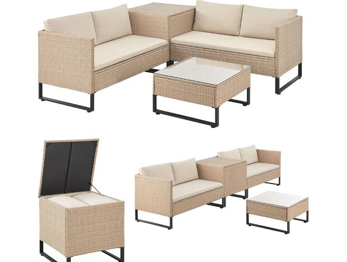 Juskys Polyrattan Lounge Santorini - Sitzecke mit Beistelltisch & Auflagenbox - Creme