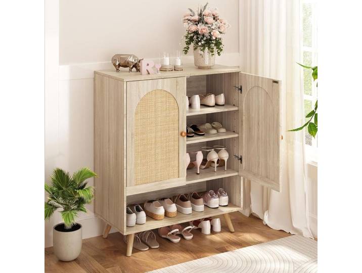 Armoire à chaussures - PROMIRACAL - PROMIRACAL - Rotin & bois (E0) - 2 portes battantes - Jusqu'à 24 paires