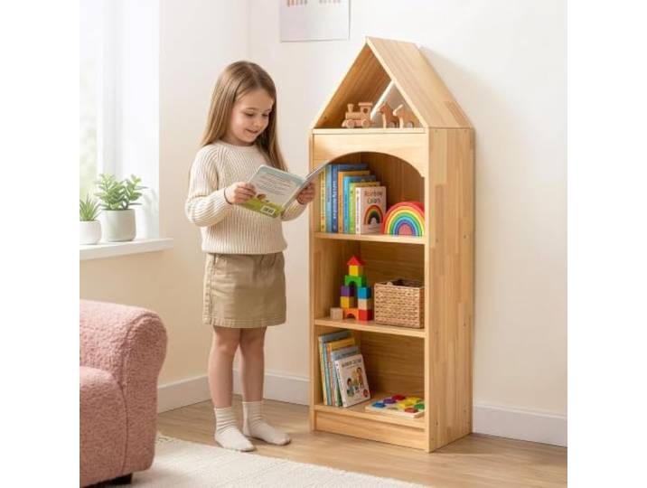 OOOK Gummiholz Kinder Bücherregal, Spielzeugaufbewahrung mit 4 Etagen Spielzeugregal 40×30×118 cm, Kinderregal Kombinierbar mit OOOK-Regalen, Eckregal für Kinderzimmer Klassenzimmer Kindergarten