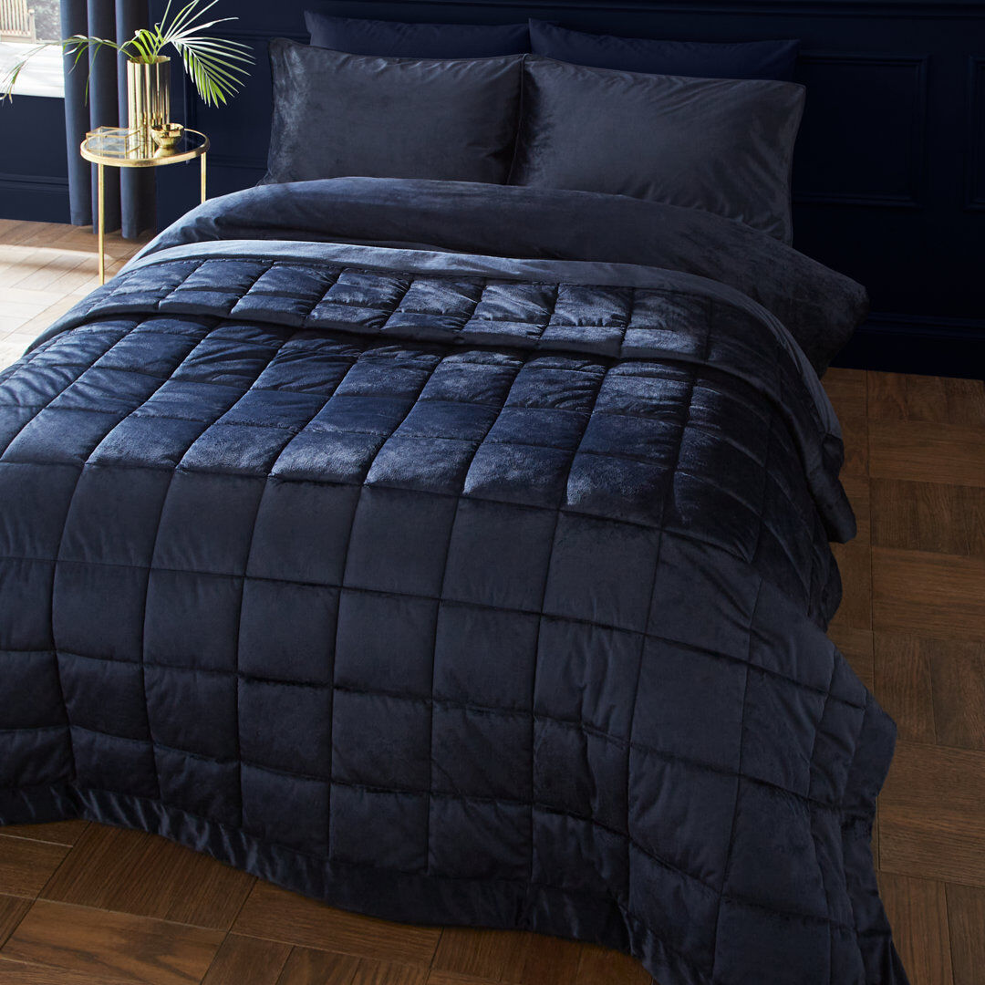 Catherine Lansfield Kingsley Matt Velvet Quilted Bedspread Navy