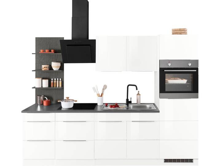 Küchenzeile, MDF, Weiß Hochglanz, 270×200×60 cm, Induktionskochfeld & Regal, Modern