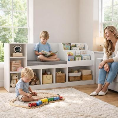 Gizoon "67"" Kids Reading Nook with Bench for Child, Toy Storage Organizer with Seat Cushion"