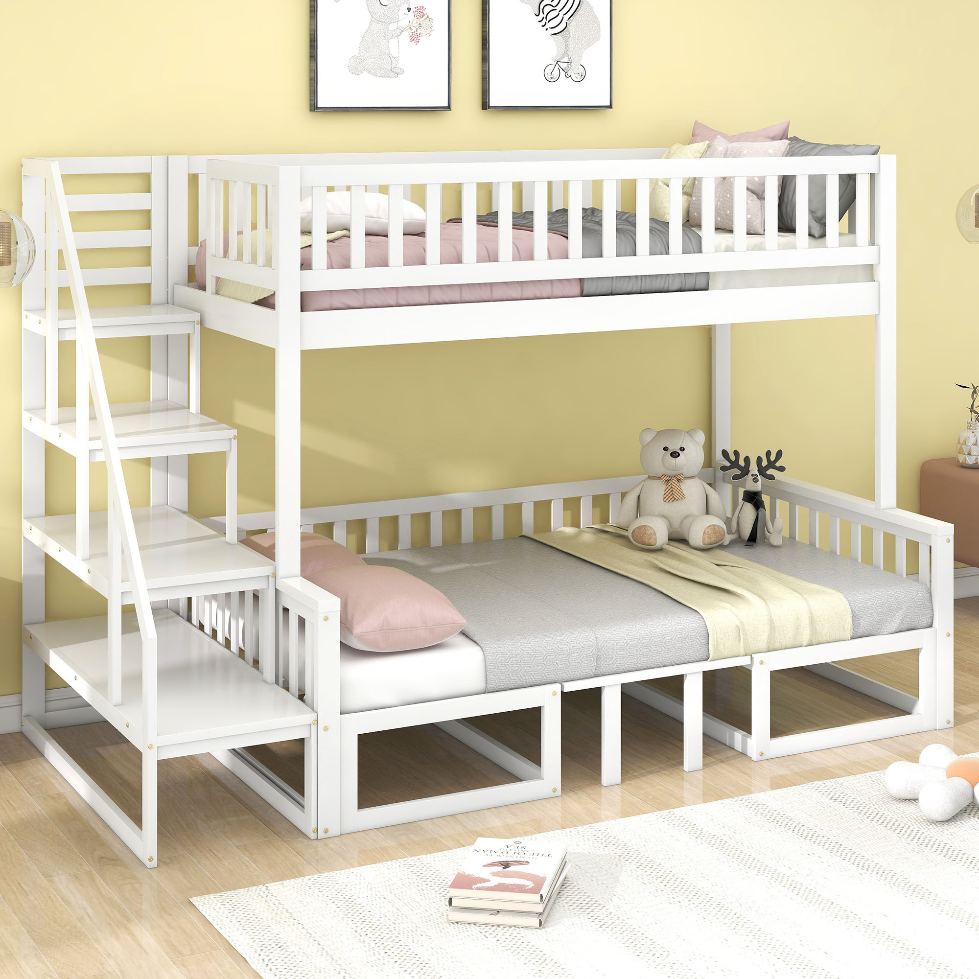 Etagenbett mit 2 Liegeflächen und Rausfallschutz, 90x200 cm/120x200 cm, Kinderbett mit Rausfallschutz