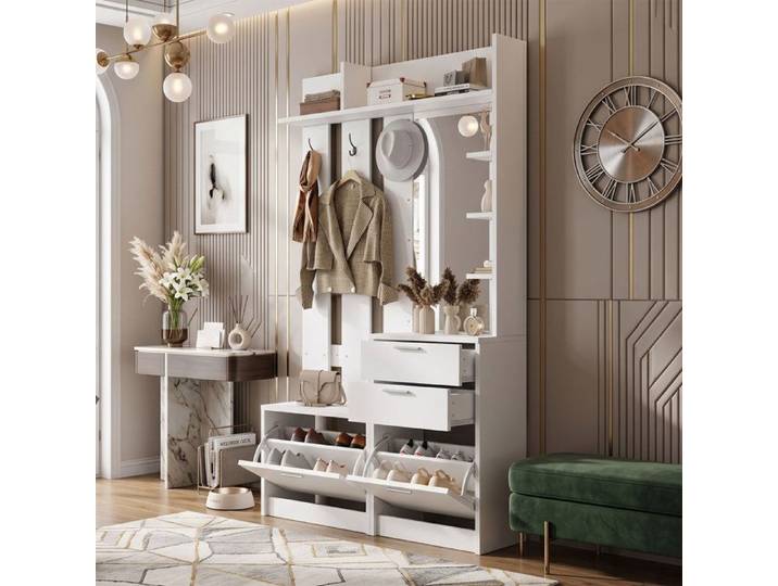 Vestiaire d'entrée 110x34x185cm Grand rangement 6-en-1 Miroir Meuble à chaussures basculant 2 Tiroirs Design soigné - Blanc