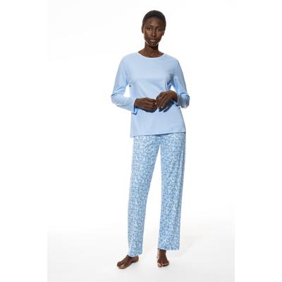 Schlafanzug MEY "FLOWER MEADOW", Damen, Gr. 48, blau (blau silk), Single Jersey, Obermaterial: 100% Baumwolle, bequem lang, Rundhals, Homewear-Sets Schlafanzug, Komfortbund, Rundhalsausschnitt, bequem, Single Jersey, Langarm