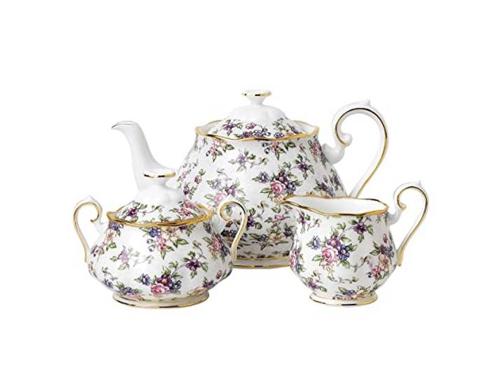 Royal Albert 100 Years 40017572 1940 English Teekanne, Zucker, Creme, 3-teiliges Set, weiß, feines Knochenporzellan, Englischer Chintz