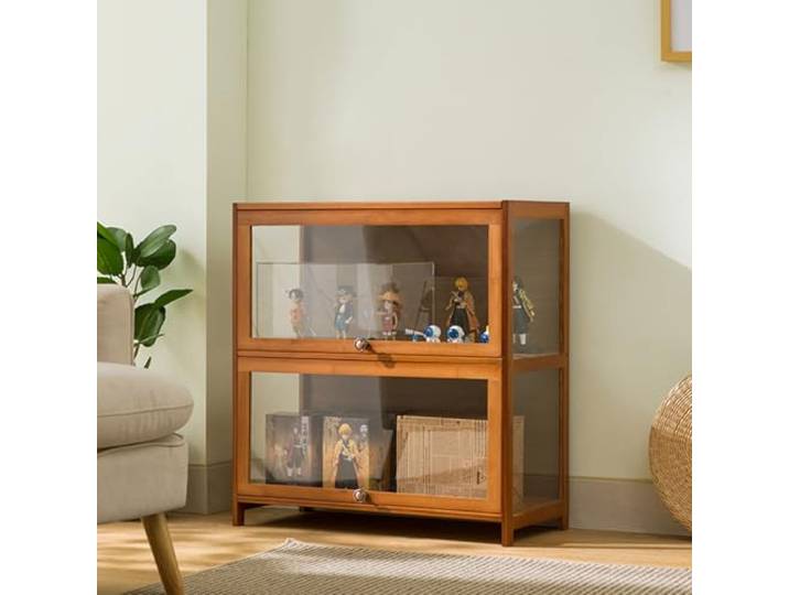 Vitrinenschrank Bambus-Aufbewahrungsschrank, Vitrine mit AcryltüR, Curio-SchräNke, Flip-Schranktür-Design, ist staubdicht und leicht zu reinigen Sich für Schlafzimme Eckvitrine-Coffee(80×32×73cm)