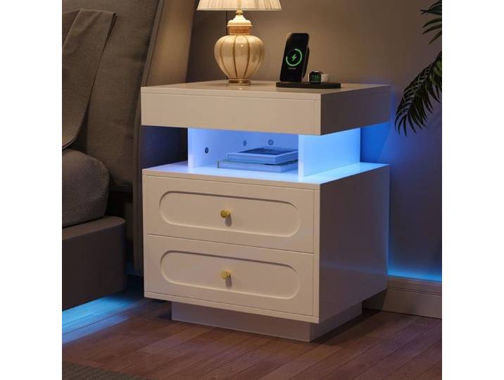 Table de chevet blanche LED 2 tiroirs rangement 50x40x60cm - Commode nuit lumineuse design moderne fonctionnelle