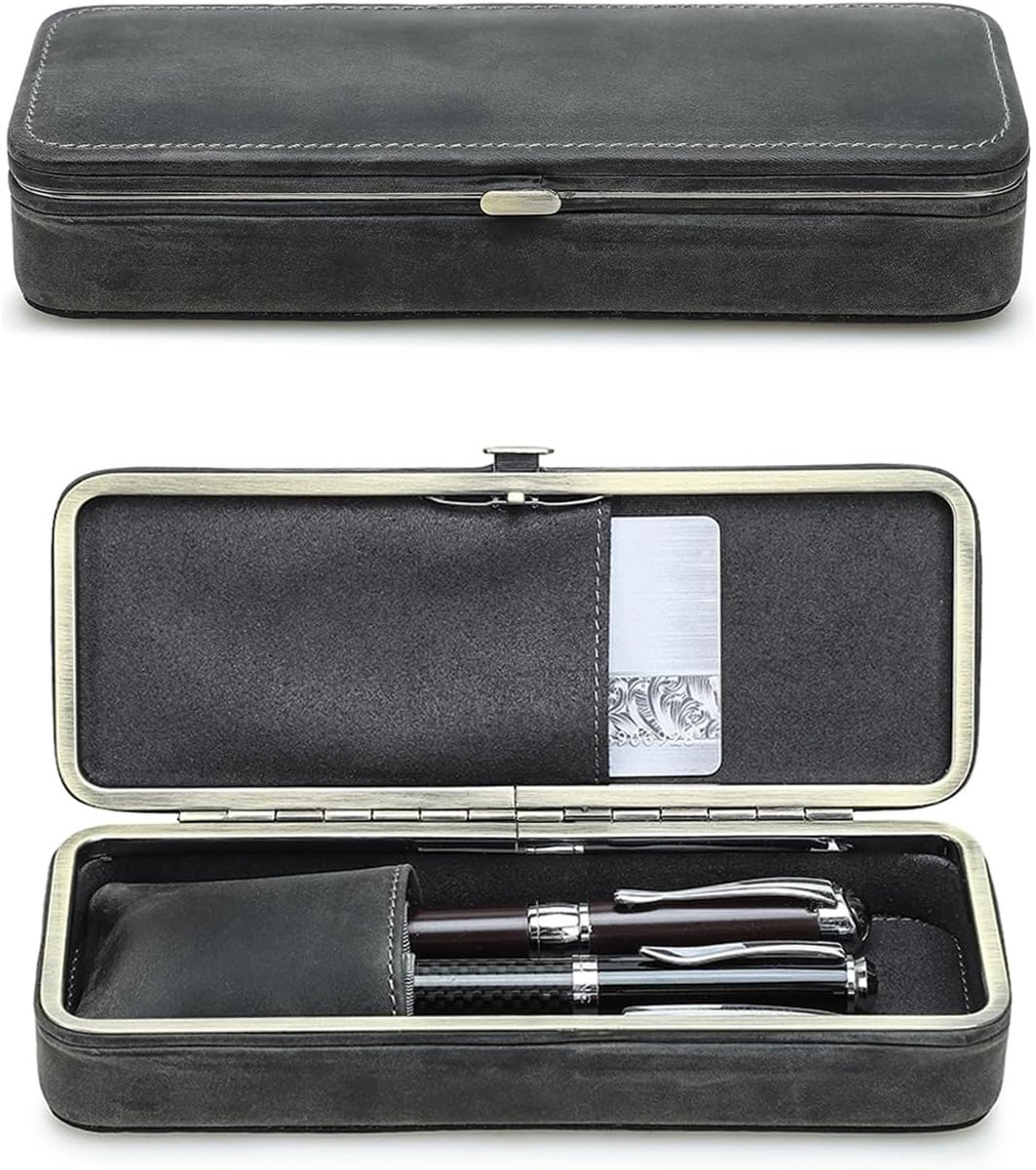 Multifunctionele lederen etui met 3 vulpennen en kaartsleuf, vintage pennenorganizer met drukknoopsluiting, grijs